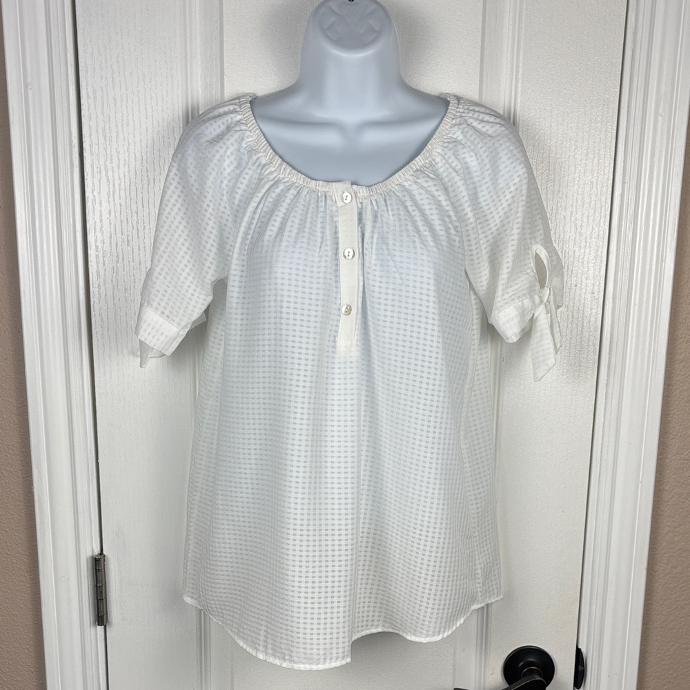 Notations Women's White Textured w/ Button Detail Tie Sleeves Blouse Size PS NWT